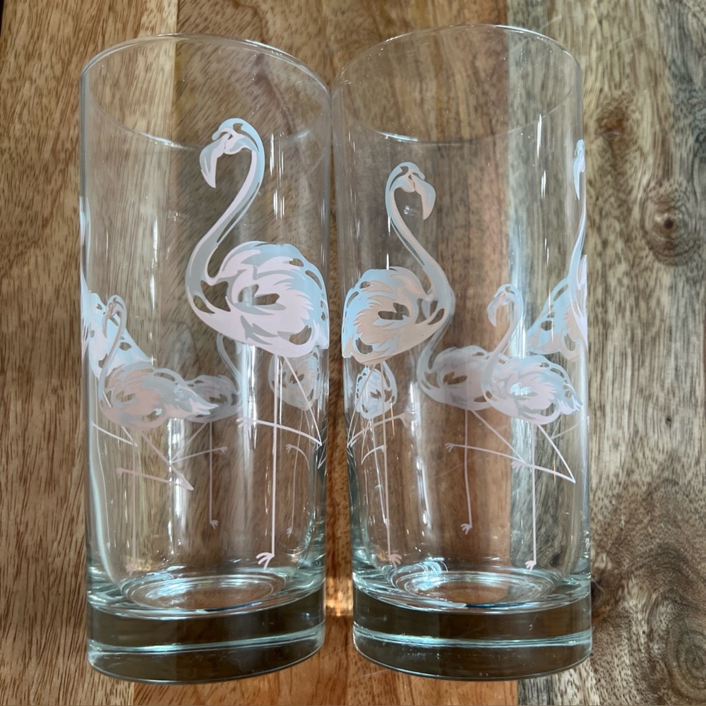 Vintage (2) Pink Flamingo Highball Cocktail Party Glasses 6 1/4” tall - Picture 2 of 5